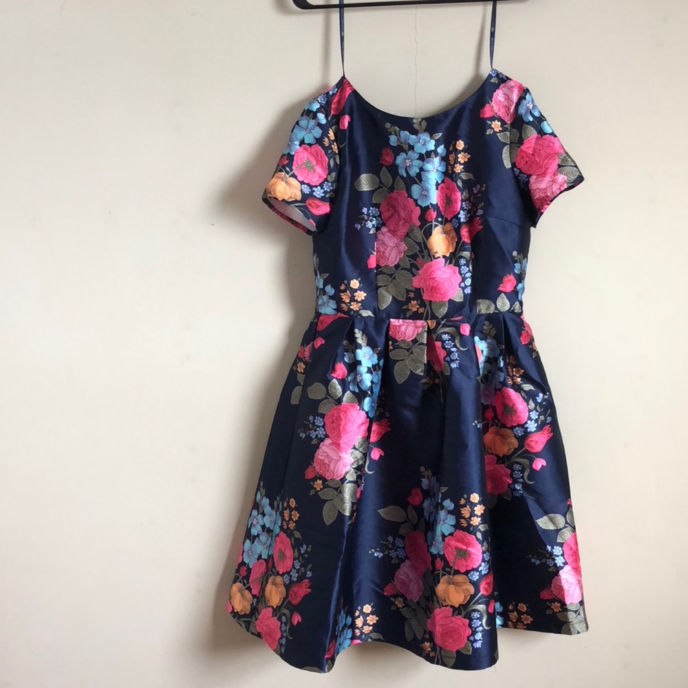 Navy blue floral dress with scoop back